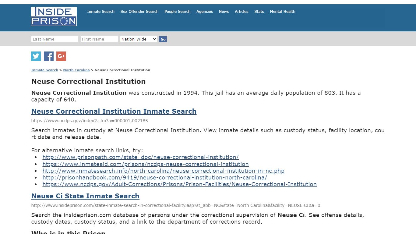 Neuse Correctional Institution - North Carolina - Inmate Search